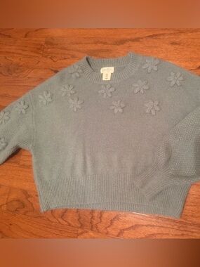 Jessica Simpson Dusty Blue Floral Appliqué Crewneck Sweater